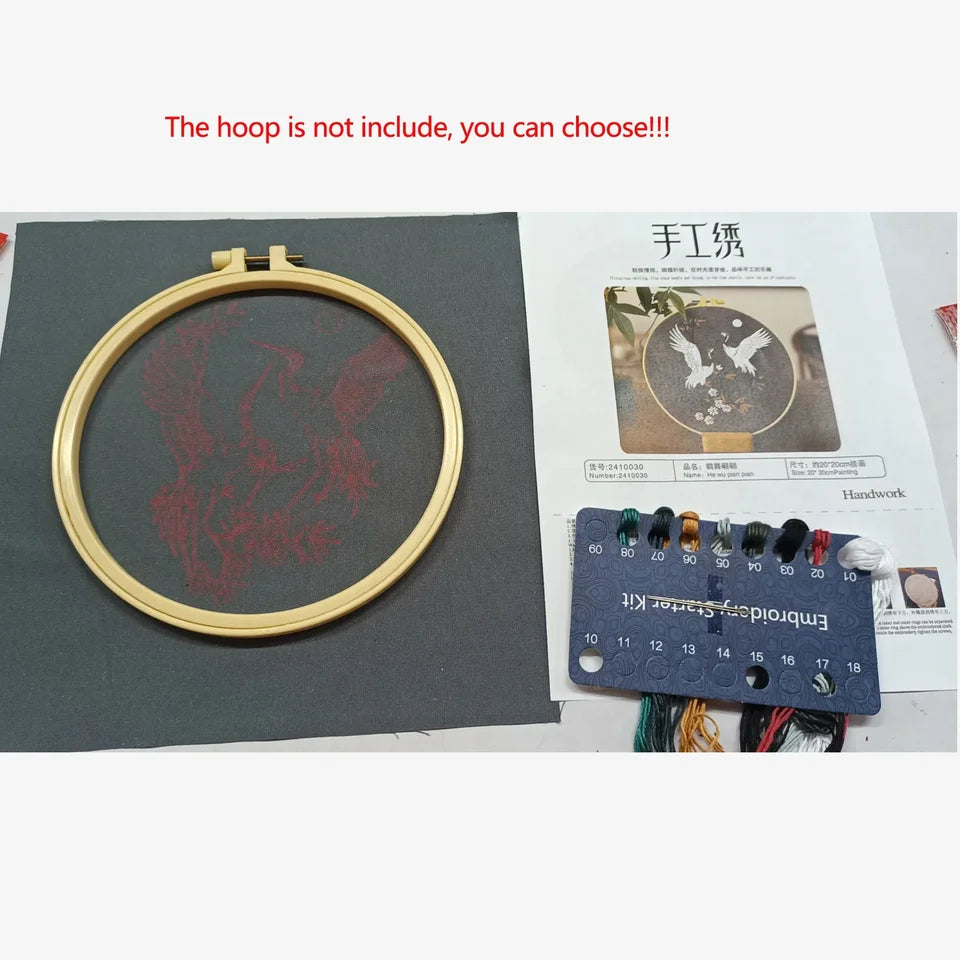 Flying Crane Flowers Chinese Wind Pattern Embroidery Kit with Instructions Needles Thread Stamped Clothes for Room Decor