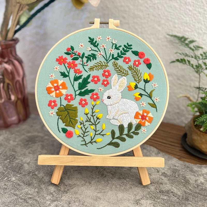 Rabbit Flower Embroidery Kit with Instructions Needles Thread Cross Stitch Kit for Beginner Floral Kit DIY Craft Easter Decor