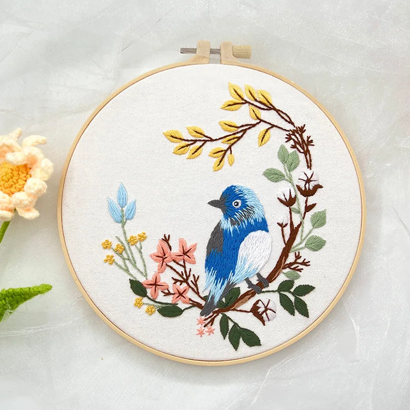 Flower Bird Embroidery Kit for Adults Kids Beginners Hand Embroidery Starter Kit Counted Stamped Cross Stitch Needlepoint Kit