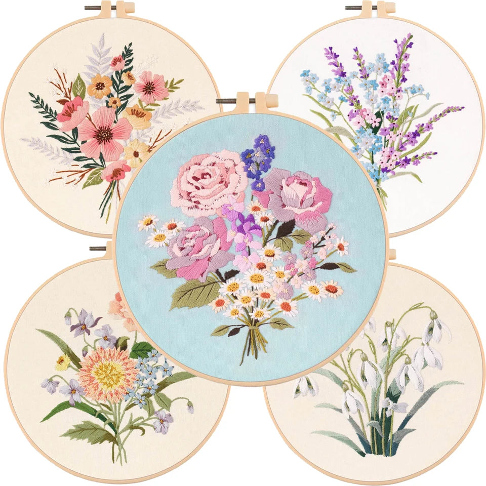 Embroidery Starter Kits with Floral Flower Patterns Embroidery Kit for Beginners Fabric Cross Stitch Kits for Adults DIY
