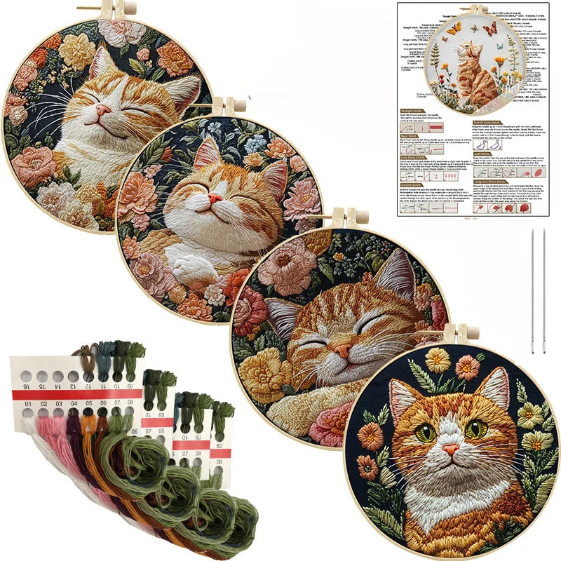 New Cat Flower Black Cloth Pattern Embroidery Kit Set with Needle Instruction Stamped Clothes Kit for Room Decor