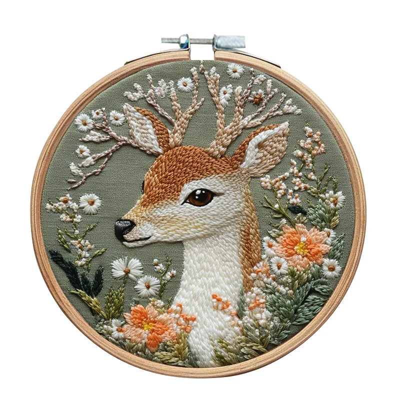 3D Embroidery Kit for Beginner Flower Elk Printed Pattern DIY Cross Stitch Set Needlework Hoop Handmade Sewing Art Craft Kit