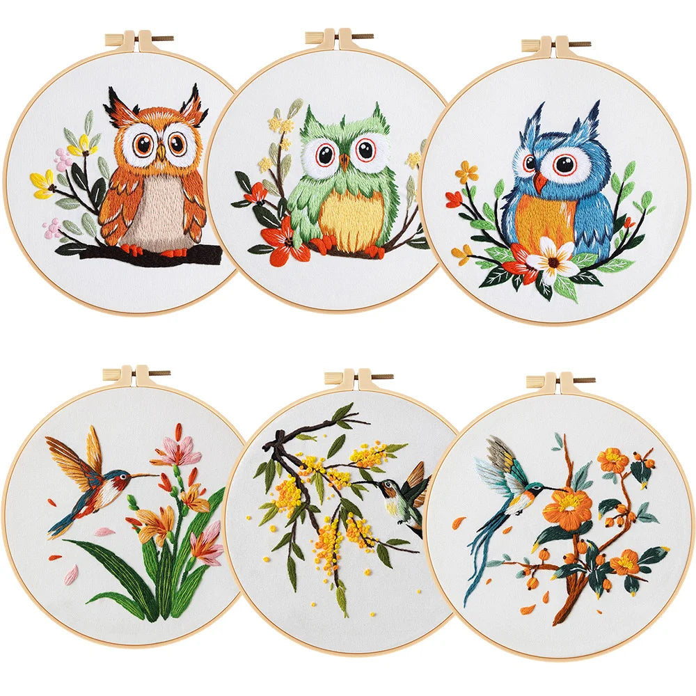 3pc Owl Hummingbird Embroidery Kit for Beginners Adult Needlepoint Kits DIY Sewing Practice Embroidery Starter Kit with 1pc Hoop