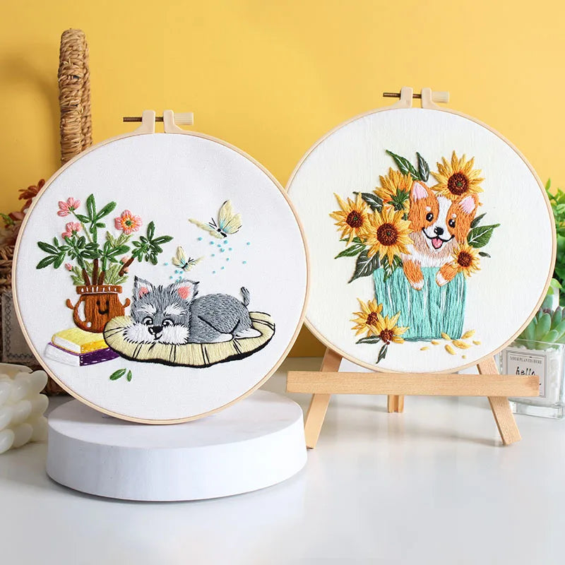 Dog Embroidery Kits for Beginner with Animal and Flowers Pattern Adults Starter Cross Stitch Kit DIY Needlepoint EN Instructions