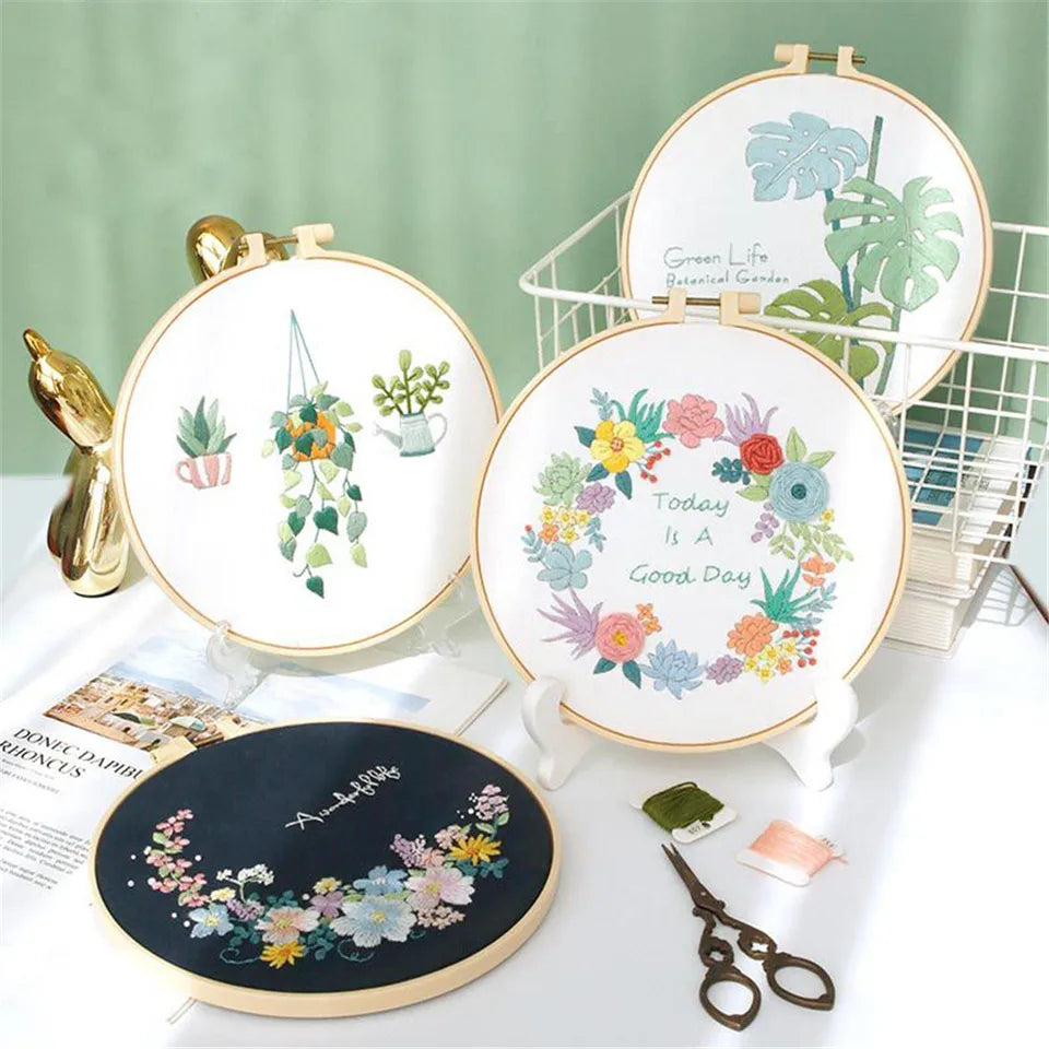 Flower Embroidery Starter Kit DIY Cross Stitch Set for Beginner Wreath Printed Sewing Art Craft Painting Home Decor Needle Art