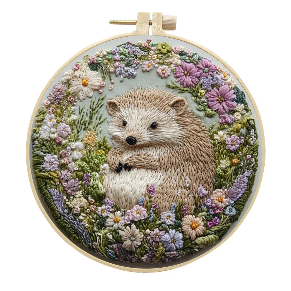 Hedgehog Broidery Kit with flower Embroidery Kit for Beginners Needles Enough Embroidery Thread
