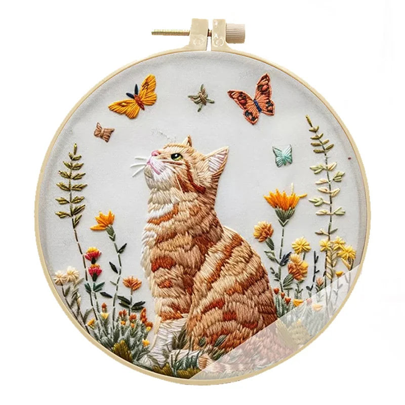 New Cat Flower Black Cloth Pattern Embroidery Kit Set with Needle Instruction Stamped Clothes Kit for Room Decor