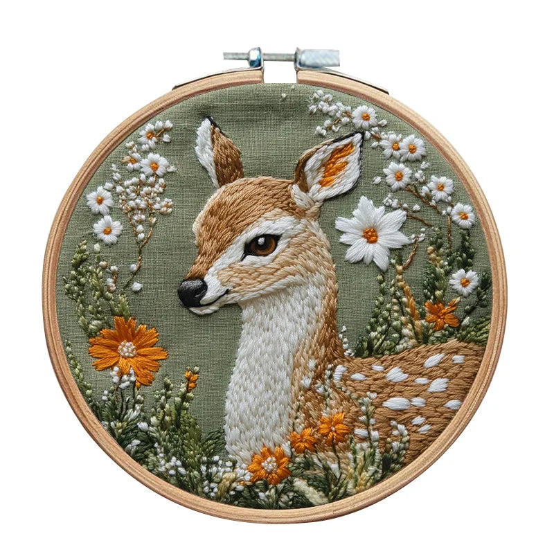3D Embroidery Kit for Beginner Flower Elk Printed Pattern DIY Cross Stitch Set Needlework Hoop Handmade Sewing Art Craft Kit