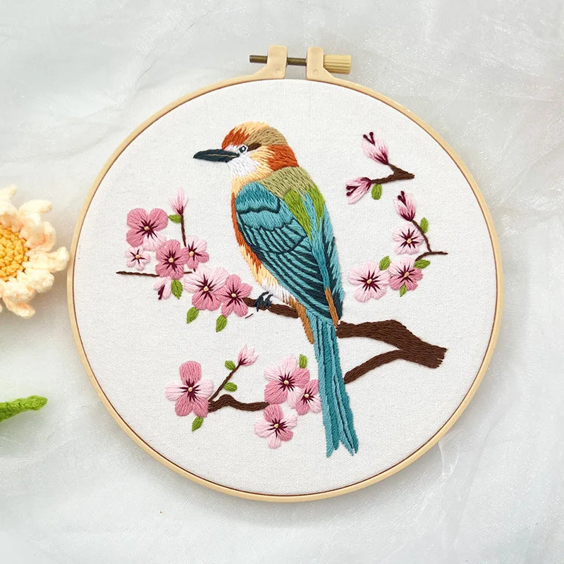 Flower Bird Embroidery Kit for Adults Kids Beginners Hand Embroidery Starter Kit Counted Stamped Cross Stitch Needlepoint Kit