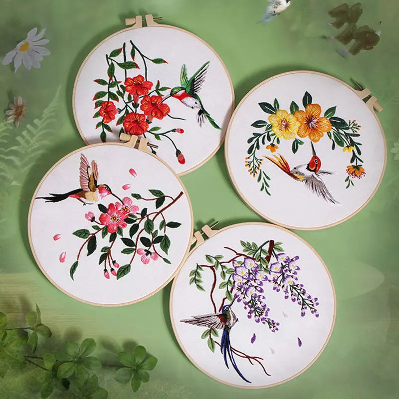 Embroidery Starter Kit with Flower Bird Patterns and Instructions, DIY Adult Beginner Cross Stitch with Pattern Plant Cat