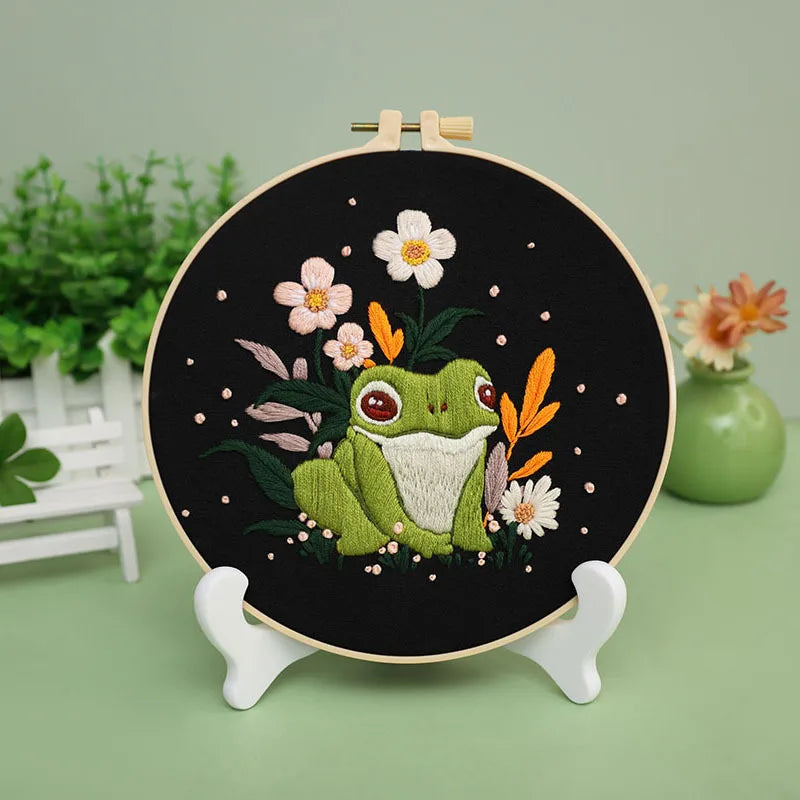 Creative Frog and Mushroom Embroidery Kit with EN Instruction,Thread,Needle,Stamped Cloth for DIY Funny Gift