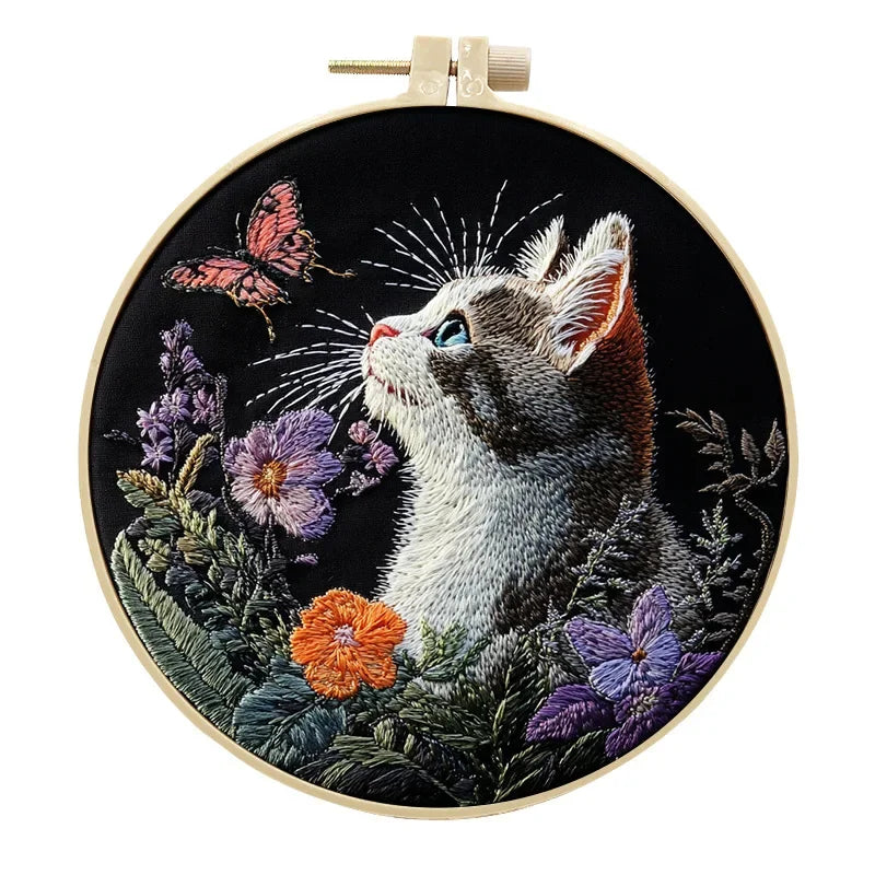 DIY Cat and Flower Embroidery Kit for Beginners Complete Handmade Cross Stitch Kit Mixing Colors Fabric Materials and Animal