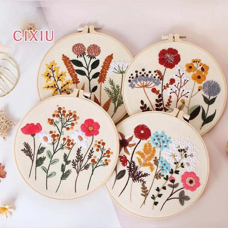 4 Sets Cross Stitch Kits for Beginners with Stamped Flower Pattern for Hand Craft Lover with Embroidery Hoop EN Instructions