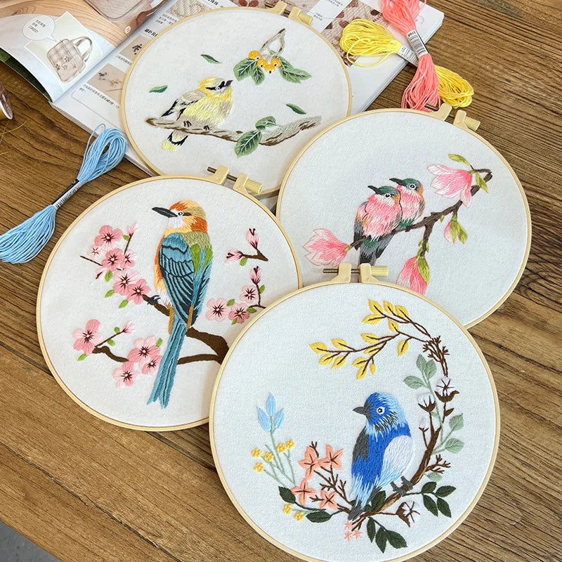 Flower Bird Embroidery Kit for Adults Kids Beginners Hand Embroidery Starter Kit Counted Stamped Cross Stitch Needlepoint Kit