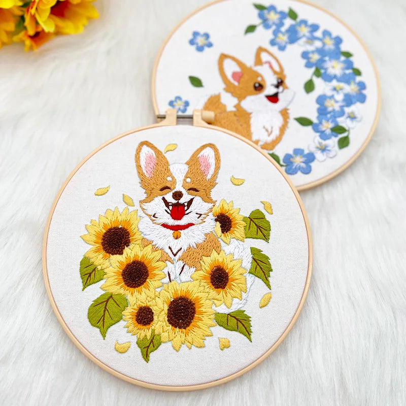 Flower Dog Embroidery Kit for Adults Kids Beginners Hand Embroidery Starter Kit Counted Stamped Cross Stitch Needlepoint Kit