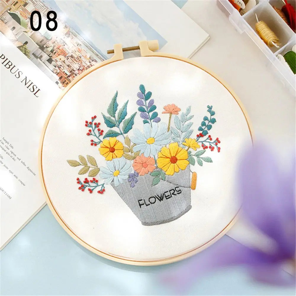 Flower Embroidery Starter Kit DIY Cross Stitch Set for Beginner Wreath Printed Sewing Art Craft Painting Home Decor Needle Art