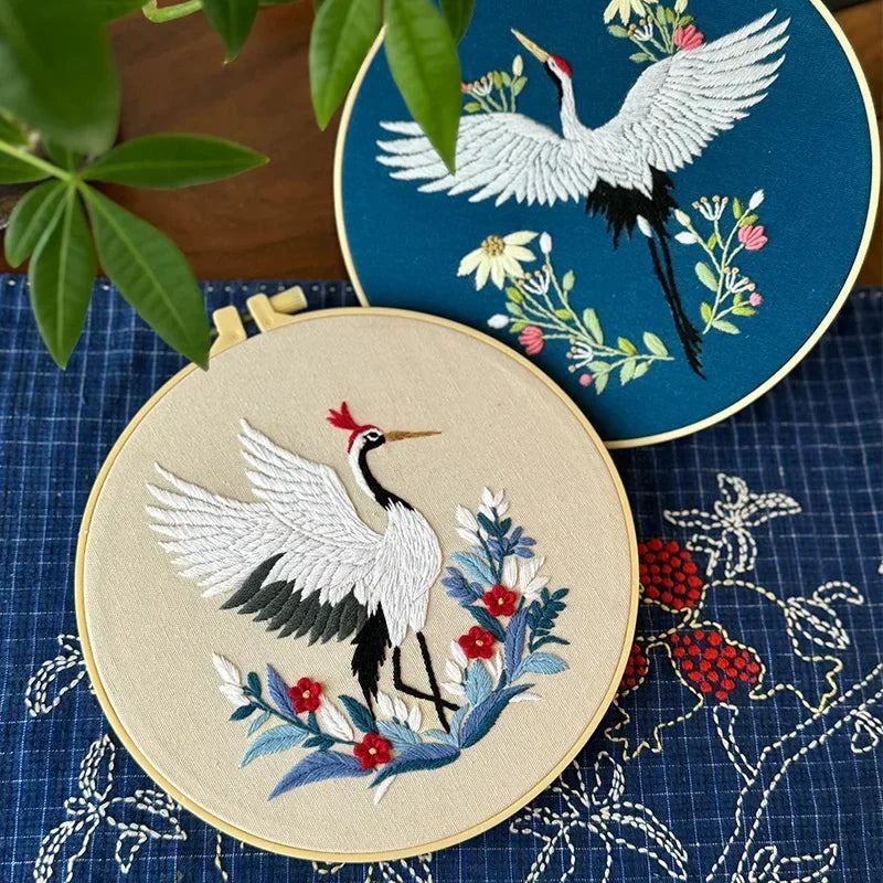 Flying Crane Flowers Chinese Wind Pattern Embroidery Kit with Instructions Needles Thread Stamped Clothes for Room Decor