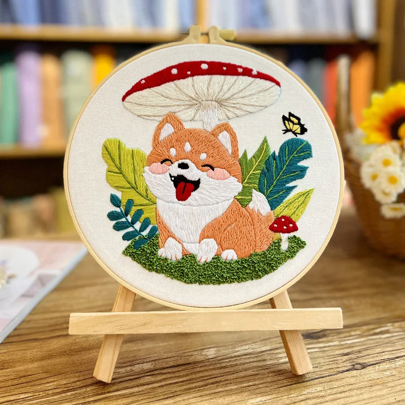 Flower Dog Embroidery Kit for Adults Kids Beginners Hand Embroidery Starter Kit Counted Stamped Cross Stitch Needlepoint Kit