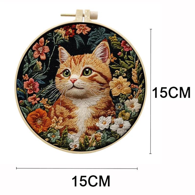 New Cat Flower Black Cloth Pattern Embroidery Kit Set with Needle Instruction Stamped Clothes Kit for Room Decor