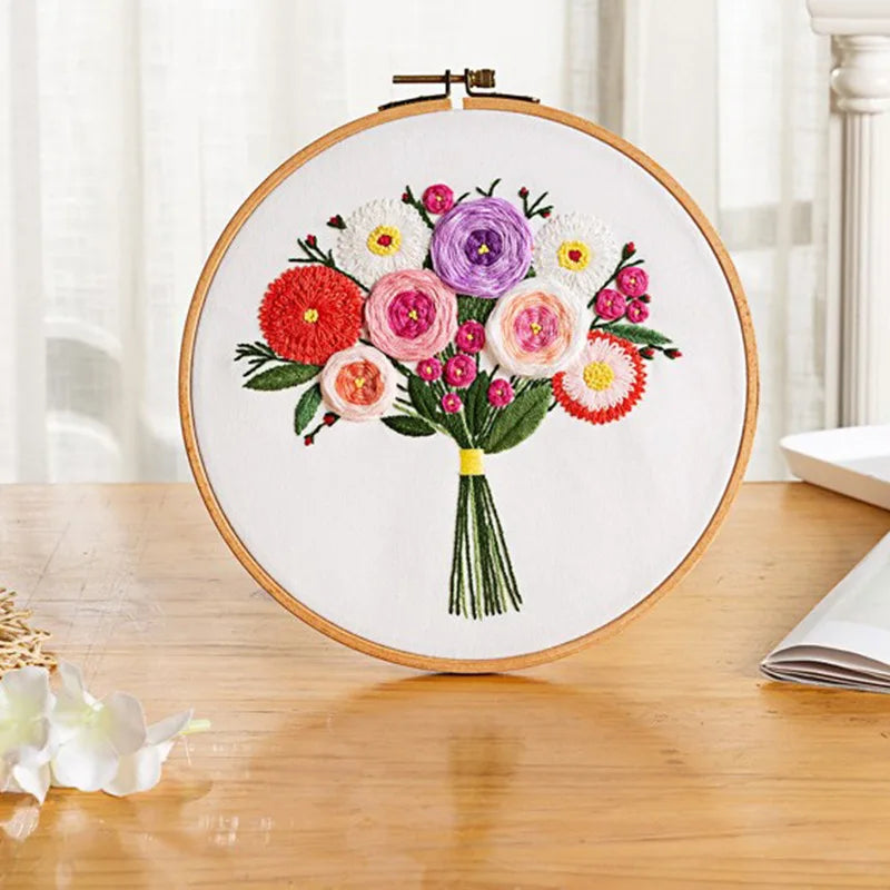 Embroidery Starter Kit for Beginners Beautiful Flower Stamped Pattern Adult Cross Stitch Kits Wedding Bouquet Decoration