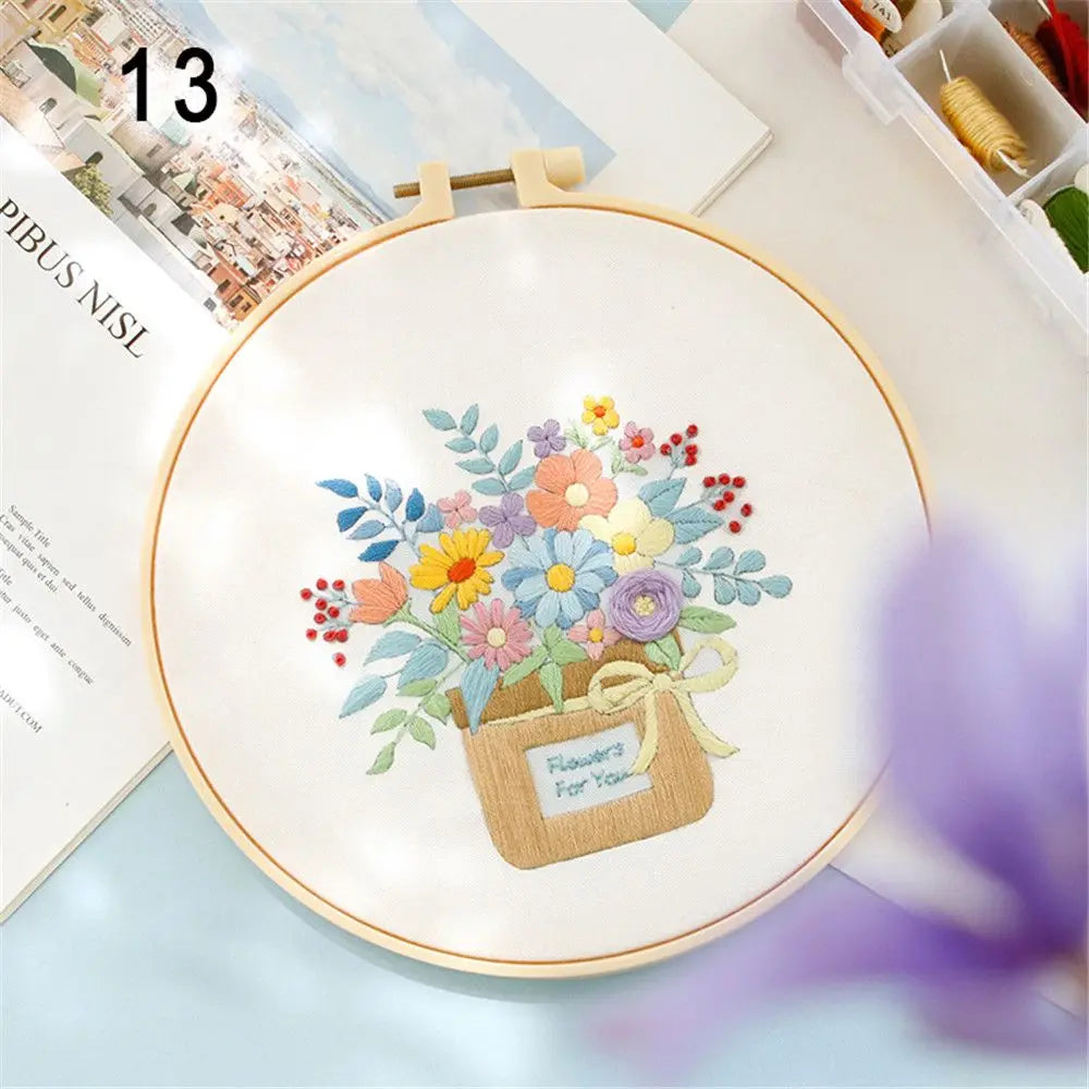 Flower Embroidery Starter Kit DIY Cross Stitch Set for Beginner Wreath Printed Sewing Art Craft Painting Home Decor Needle Art