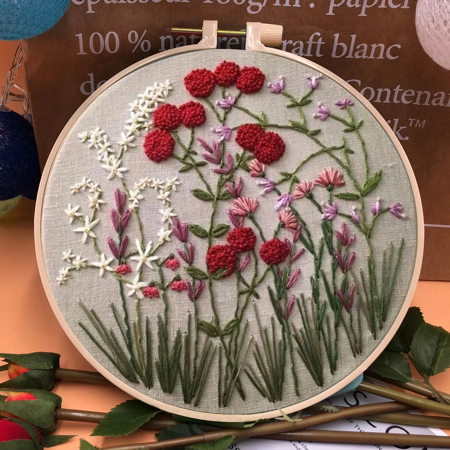 3D Embroidery Starter Kits with Flowers Pattern for Adults Beginners, Floral Stamped Cross Stitch Kit, Hand DIY Needlepoint Kit