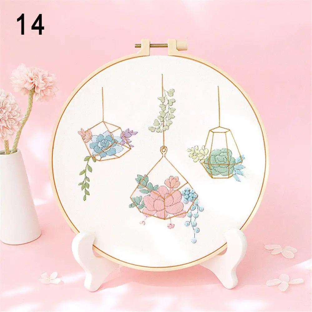 Flower Embroidery Starter Kit DIY Cross Stitch Set for Beginner Wreath Printed Sewing Art Craft Painting Home Decor Needle Art