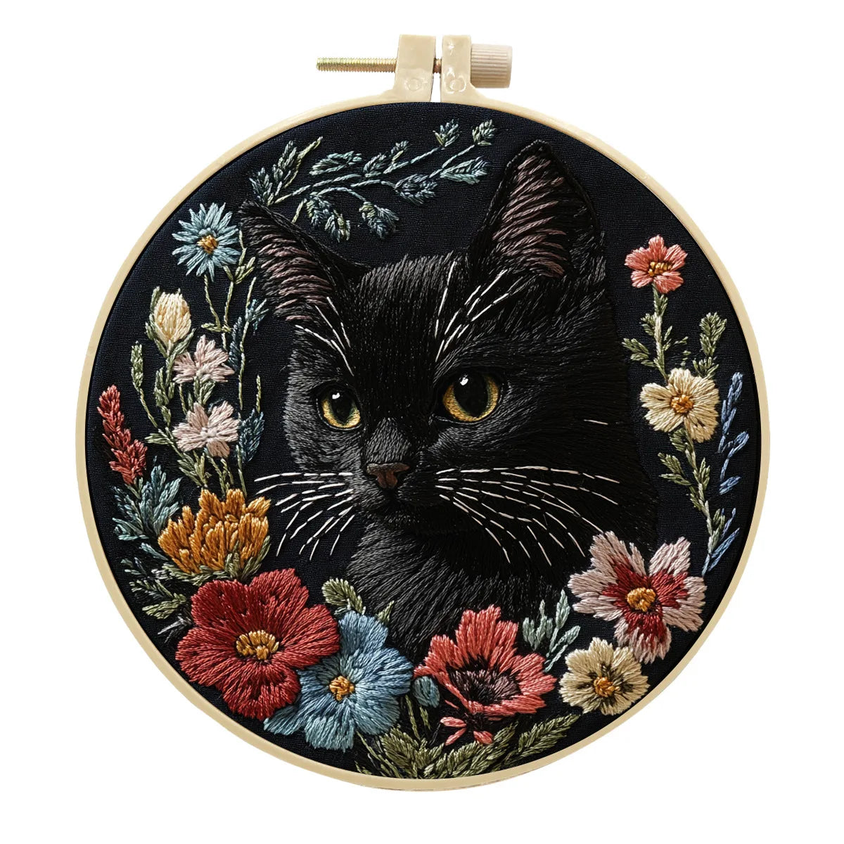 DIY Cat and Flower Embroidery Kit for Beginners Complete Handmade Cross Stitch Kit Mixing Colors Fabric Materials and Animal