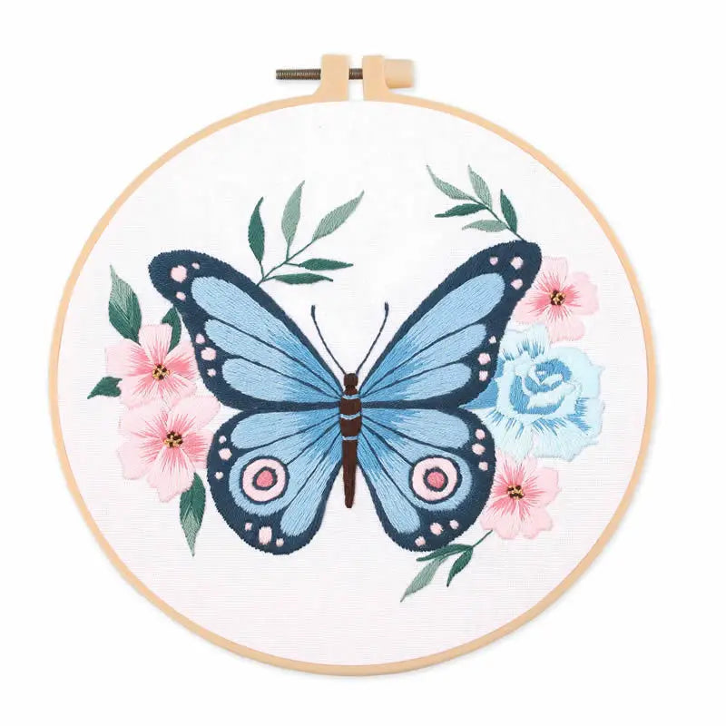 Embroidery Kit for Beginner DIY Butterfly Printed Pattern Flower Cross Stitch Set Needlework Hoop Handmade Sewing Art Craft Kit