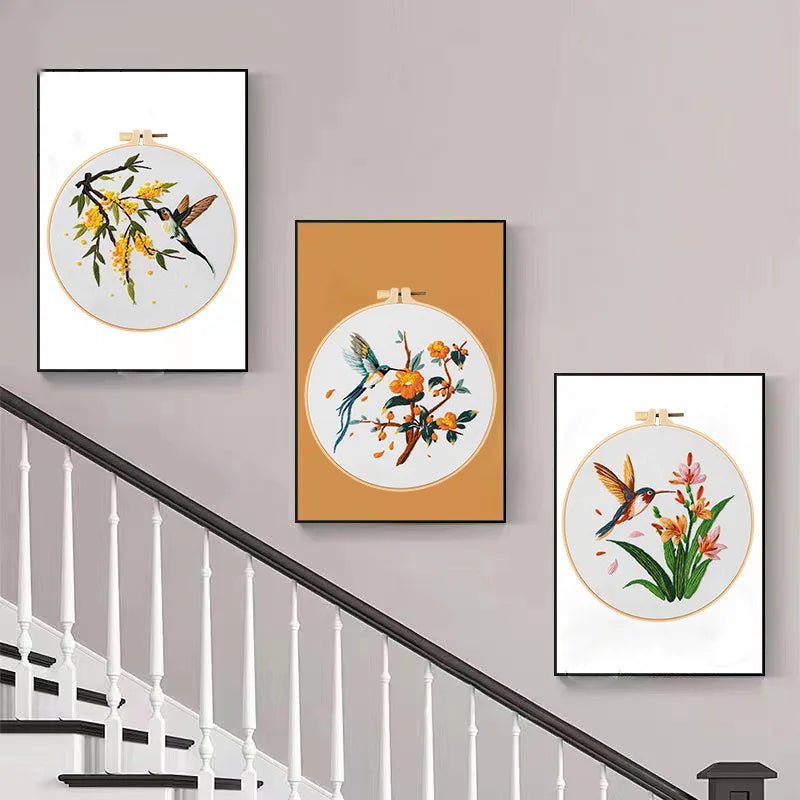 3pc Owl Hummingbird Embroidery Kit for Beginners Adult Needlepoint Kits DIY Sewing Practice Embroidery Starter Kit with 1pc Hoop