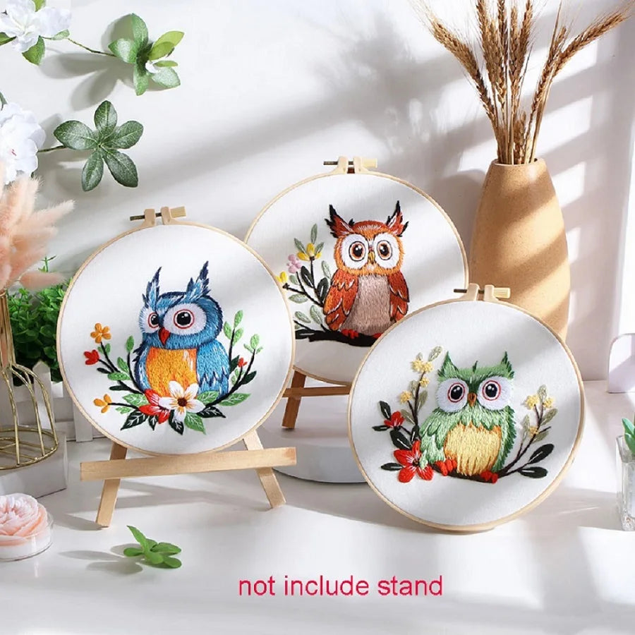 3pc Owl Hummingbird Embroidery Kit for Beginners Adult Needlepoint Kits DIY Sewing Practice Embroidery Starter Kit with 1pc Hoop