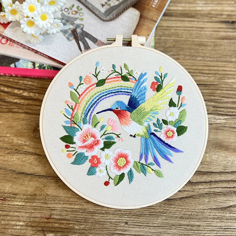 Flower Bird Embroidery Kit for Adults Kids Beginners Hand Embroidery Starter Kit Counted Stamped Cross Stitch Needlepoint Kit
