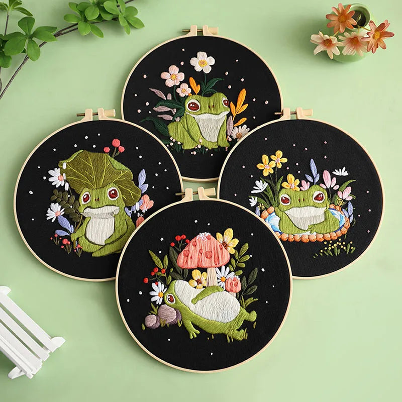 Creative Frog and Mushroom Embroidery Kit with EN Instruction,Thread,Needle,Stamped Cloth for DIY Funny Gift