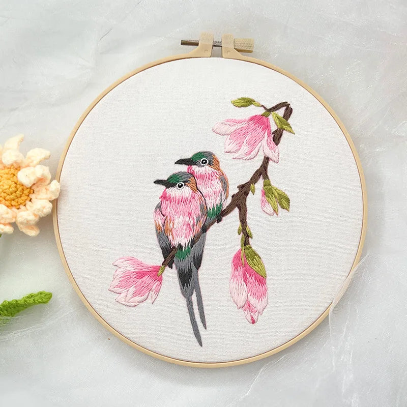 Flower Bird Embroidery Kit for Adults Kids Beginners Hand Embroidery Starter Kit Counted Stamped Cross Stitch Needlepoint Kit
