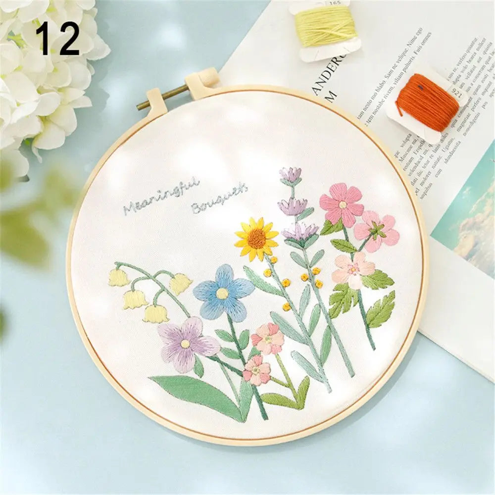 Flower Embroidery Starter Kit DIY Cross Stitch Set for Beginner Wreath Printed Sewing Art Craft Painting Home Decor Needle Art