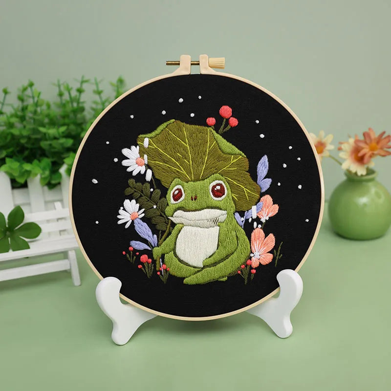 Creative Frog and Mushroom Embroidery Kit with EN Instruction,Thread,Needle,Stamped Cloth for DIY Funny Gift