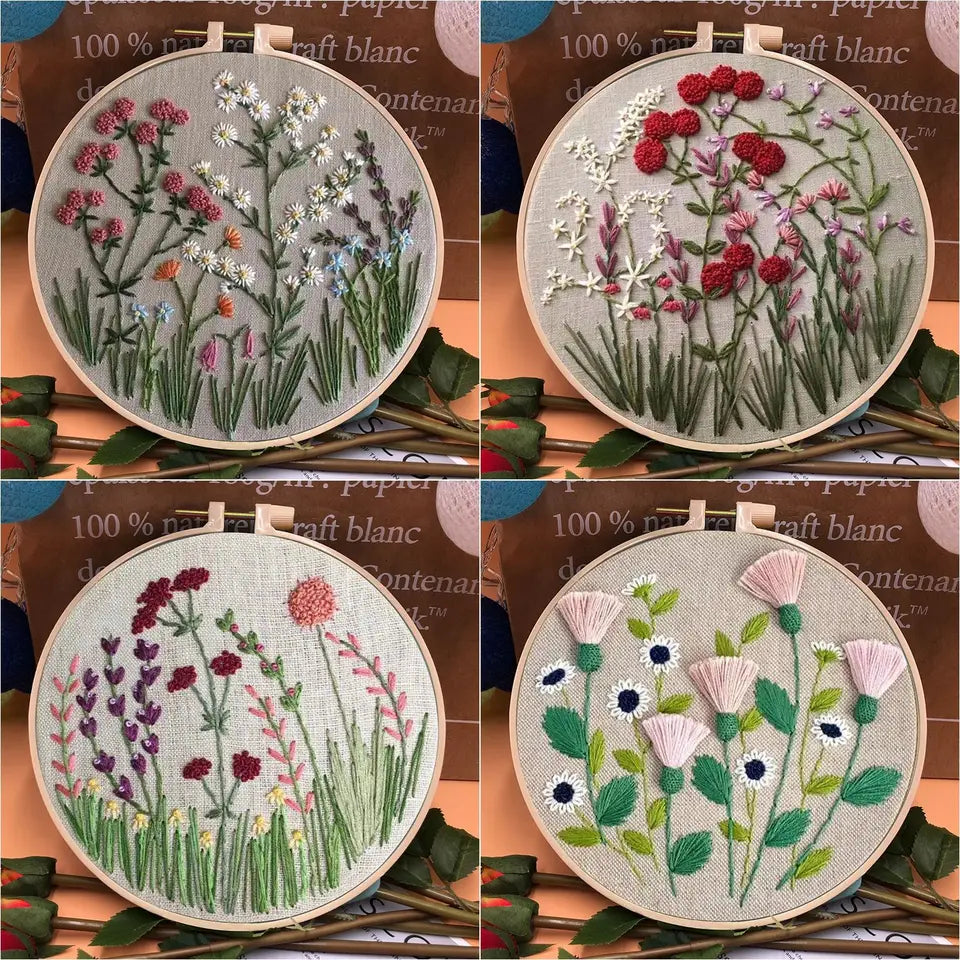 3D Embroidery Starter Kits with Flowers Pattern for Adults Beginners, Floral Stamped Cross Stitch Kit, Hand DIY Needlepoint Kit