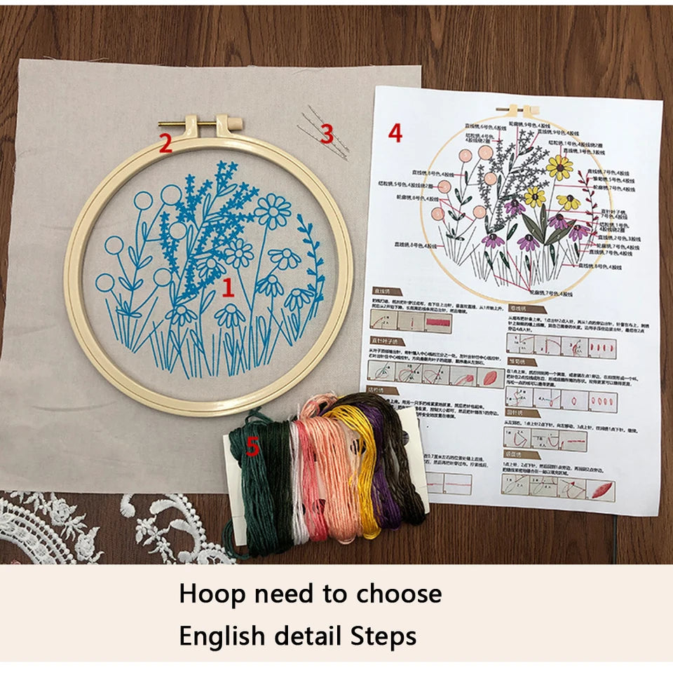 3D Embroidery Starter Kits with Flowers Pattern for Adults Beginners, Floral Stamped Cross Stitch Kit, Hand DIY Needlepoint Kit