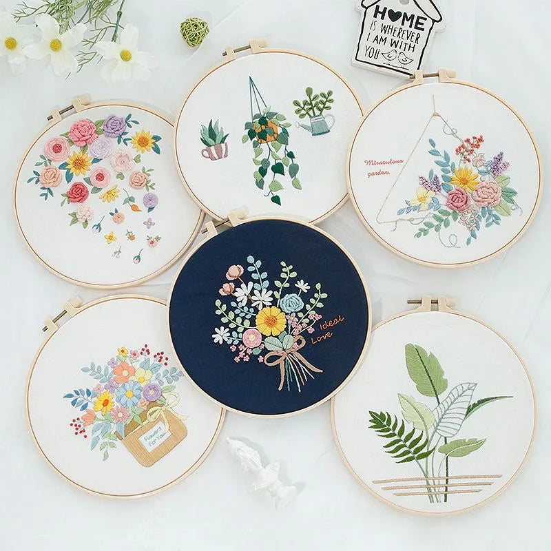 Flower Embroidery Starter Kit DIY Cross Stitch Set for Beginner Wreath Printed Sewing Art Craft Painting Home Decor Needle Art
