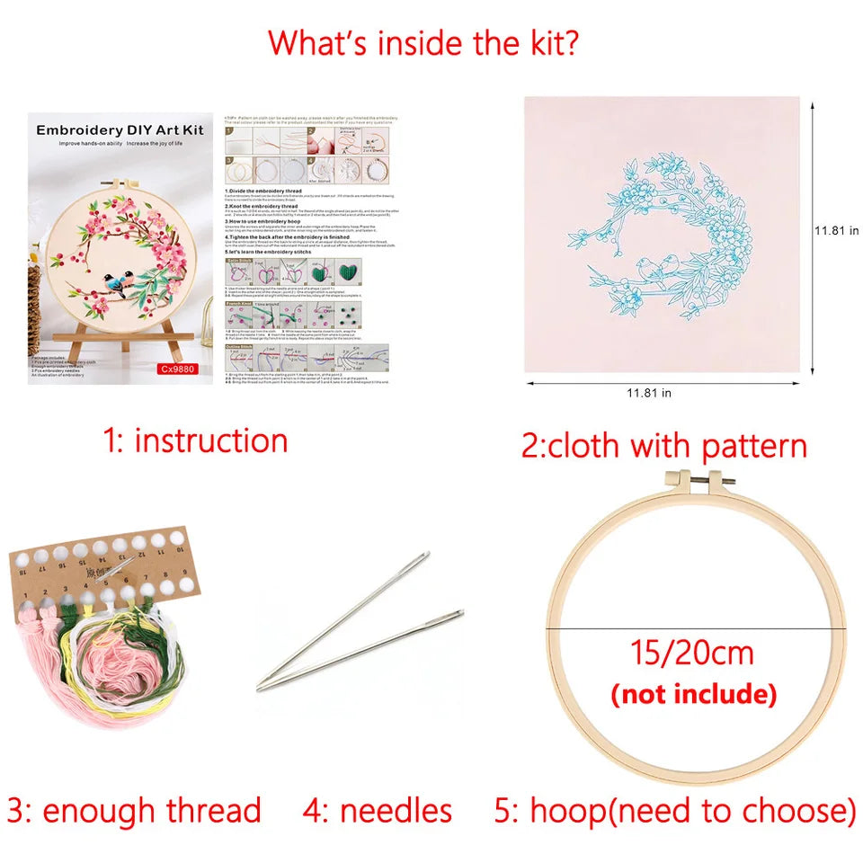 Butterfly Flower Wreath Home Decor Embroidery Kit with Thread, Stamped Pattern Cloth,Needles,DIY Crafter Gift for Christmas