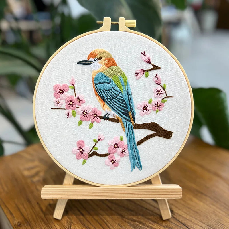 Flower Bird Embroidery Kit for Adults Kids Beginners Hand Embroidery Starter Kit Counted Stamped Cross Stitch Needlepoint Kit