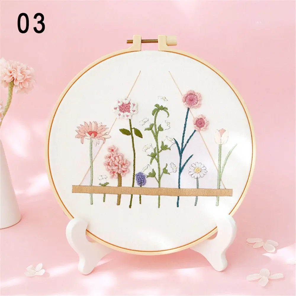 Flower Embroidery Starter Kit DIY Cross Stitch Set for Beginner Wreath Printed Sewing Art Craft Painting Home Decor Needle Art