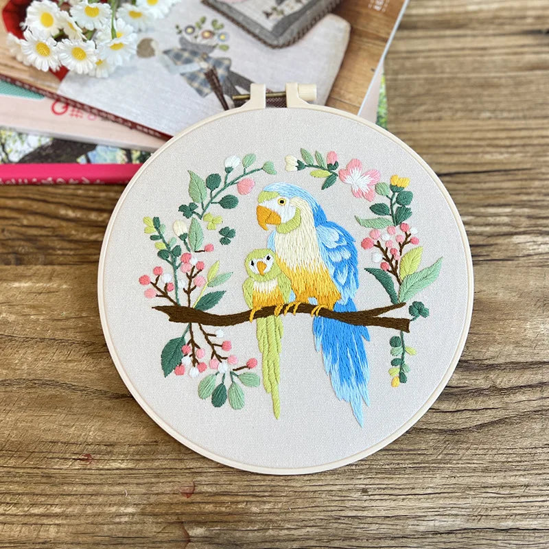 Flower Bird Embroidery Kit for Adults Kids Beginners Hand Embroidery Starter Kit Counted Stamped Cross Stitch Needlepoint Kit