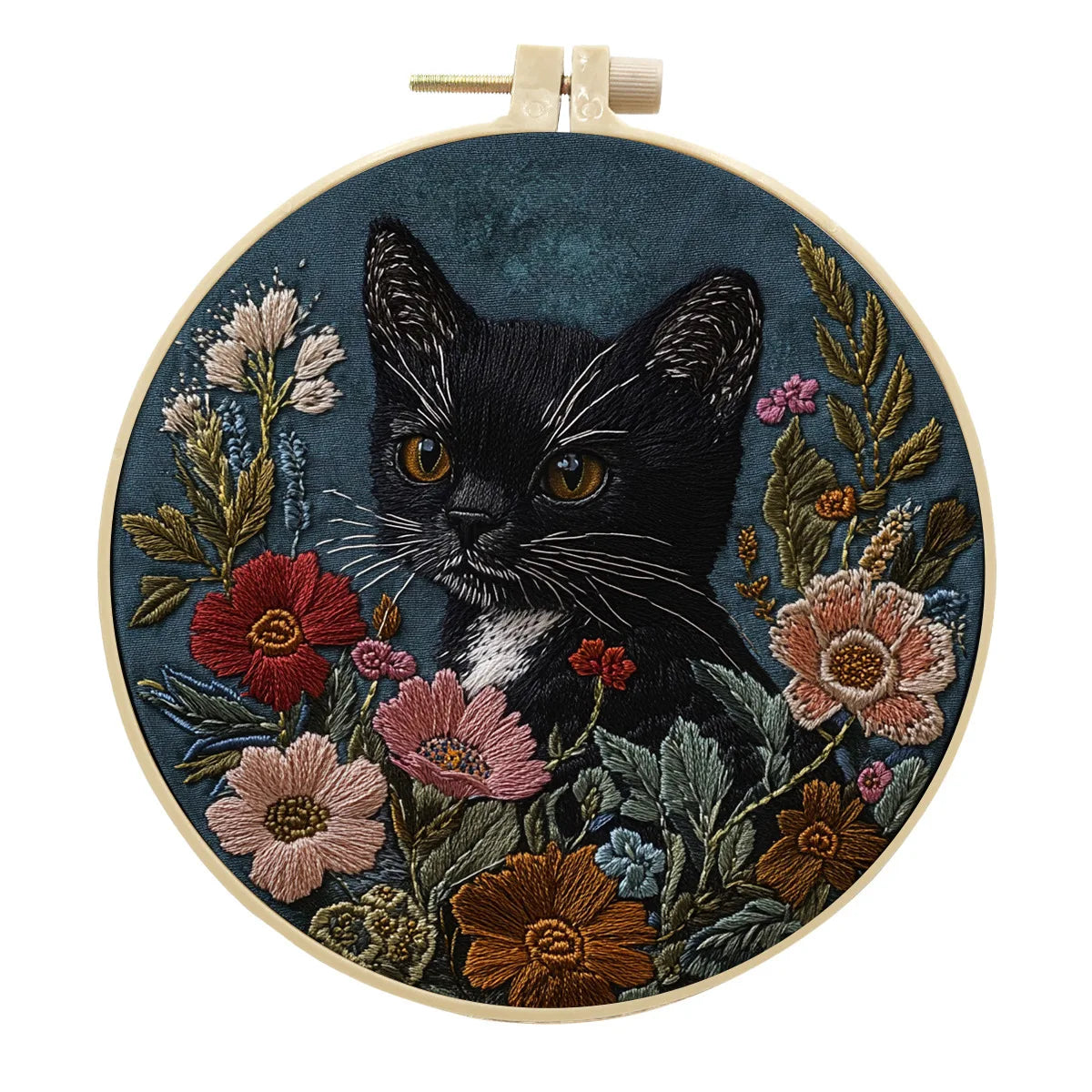 DIY Cat and Flower Embroidery Kit for Beginners Complete Handmade Cross Stitch Kit Mixing Colors Fabric Materials and Animal