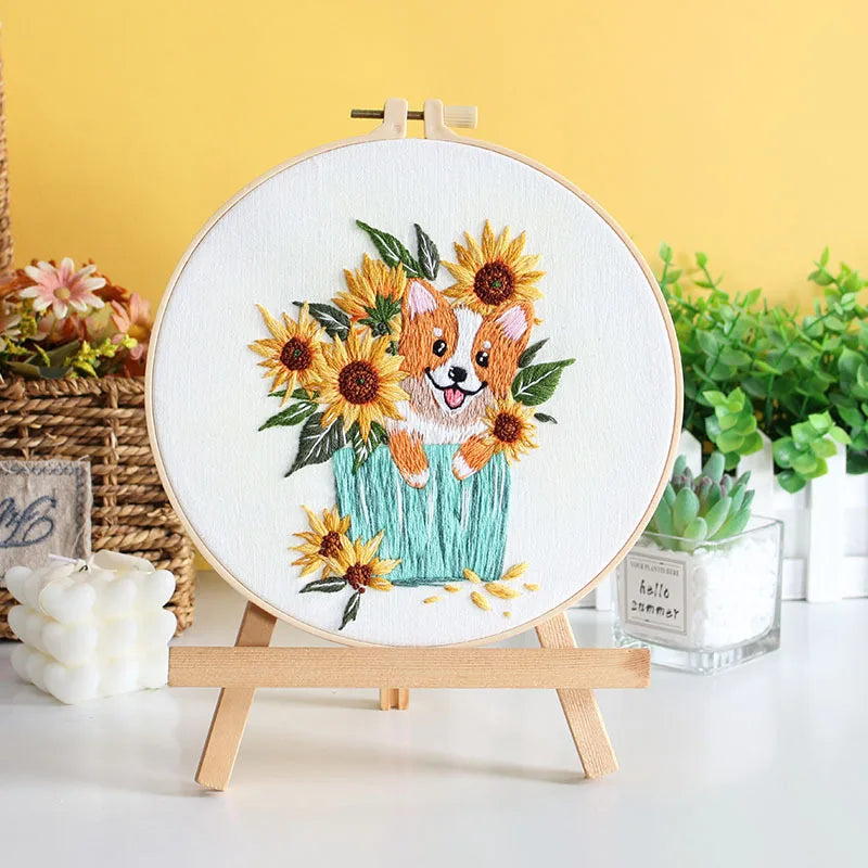 Dog Embroidery Kits for Beginner with Animal and Flowers Pattern Adults Starter Cross Stitch Kit DIY Needlepoint EN Instructions