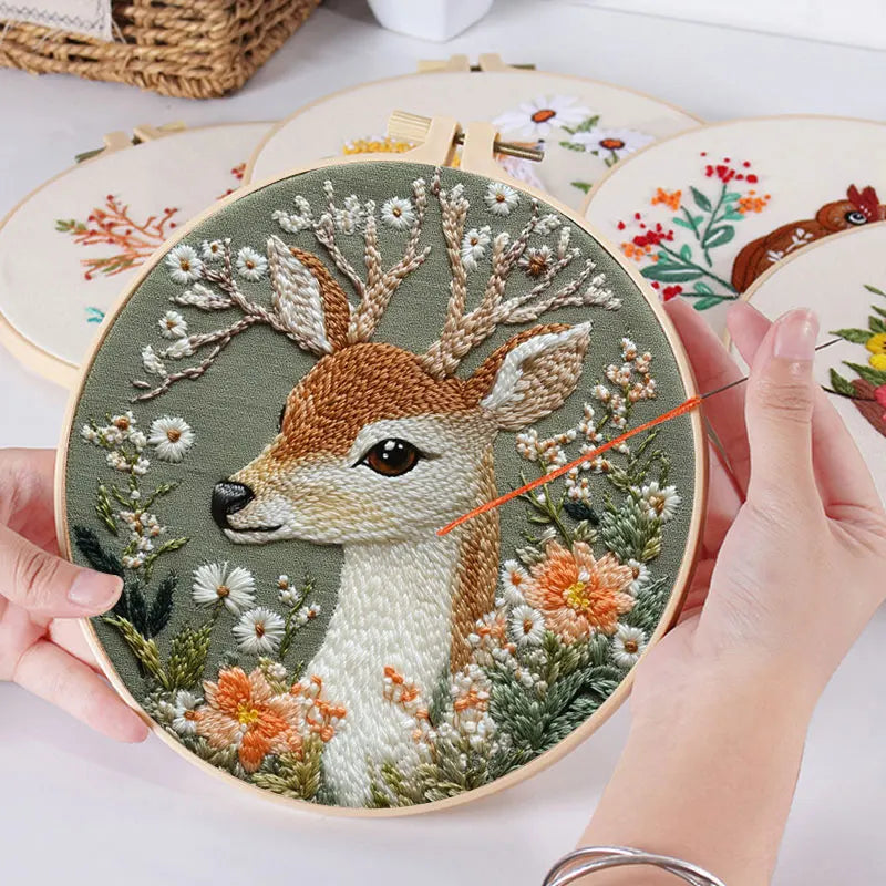 3D Embroidery Kit for Beginner Flower Elk Printed Pattern DIY Cross Stitch Set Needlework Hoop Handmade Sewing Art Craft Kit