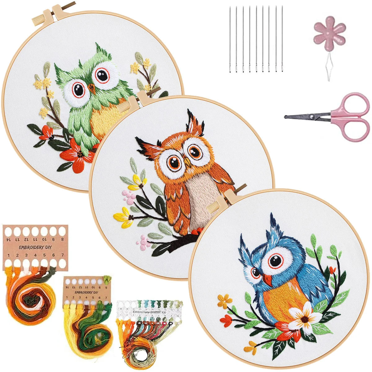 3pc Owl Hummingbird Embroidery Kit for Beginners Adult Needlepoint Kits DIY Sewing Practice Embroidery Starter Kit with 1pc Hoop